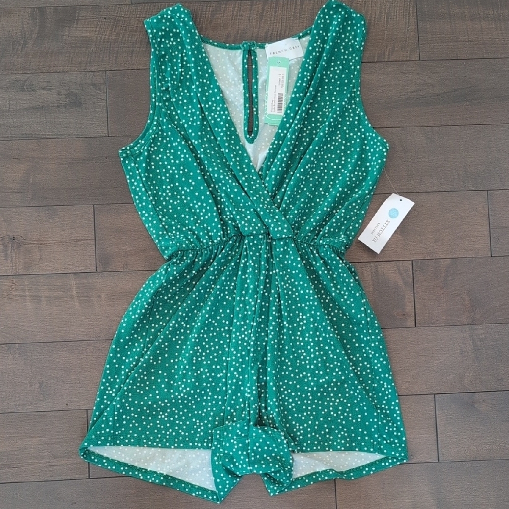 NWT French Grey Small Green Polka Dot Romper